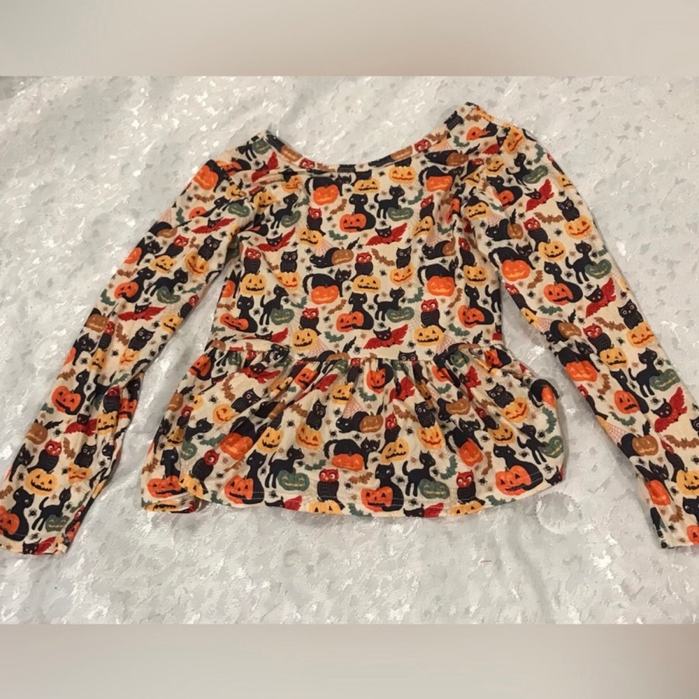 Halloween Pumpkin & Black Cat Long-Sleeve Peplum Top Size 10